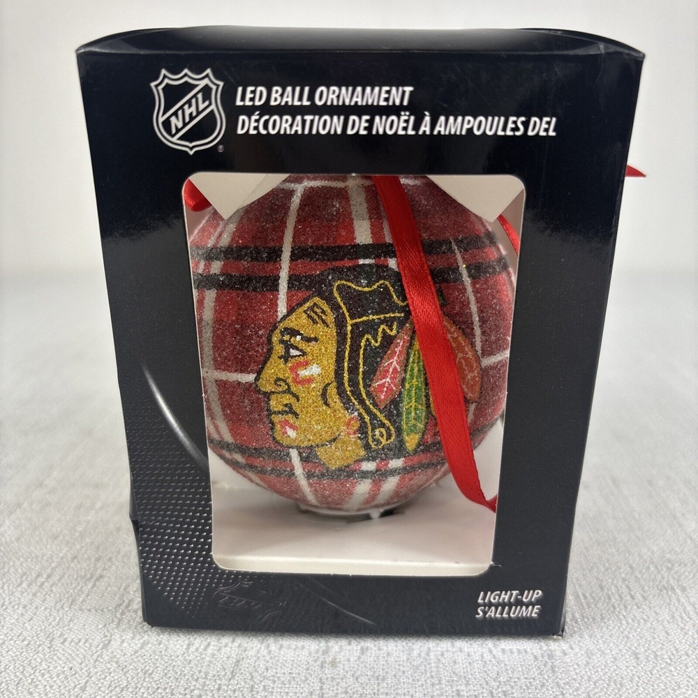 NHL Chicago Blackhawks LED Light Up Ball Ornament Glitter Plaid Hockey‎